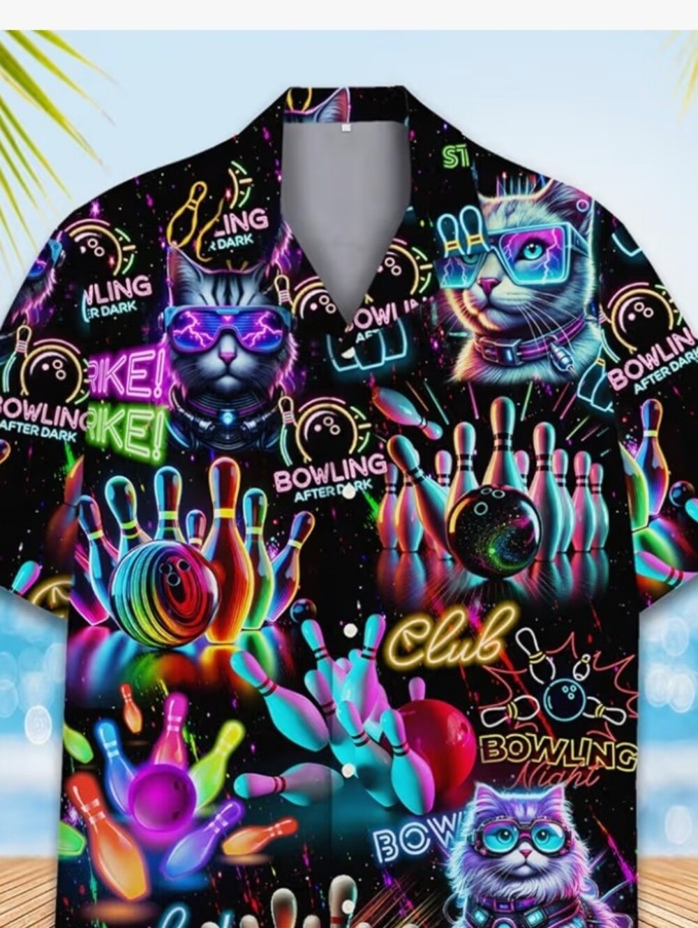 Men's Neon Bowling Cat Print Button-Down Shirt - Black Multicolor
